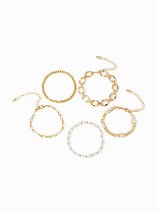 6PCS FAUX PEARL & BEADED & CHAIN BRACELET