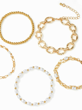 6PCS FAUX PEARL & BEADED & CHAIN BRACELET