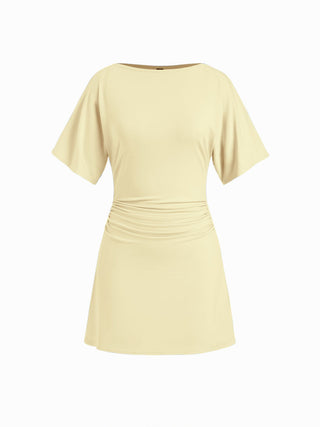 Boat Neck Short Sleeve Ruched A-line Mini Dress