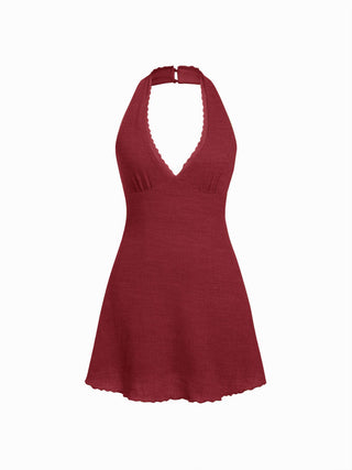 Textured Halter Neck Lace Trim A-line Mini Dress