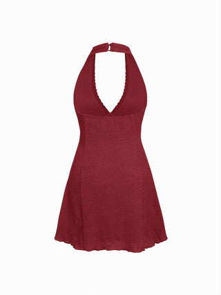 Textured Halter Neck Lace Trim A-line Mini Dress