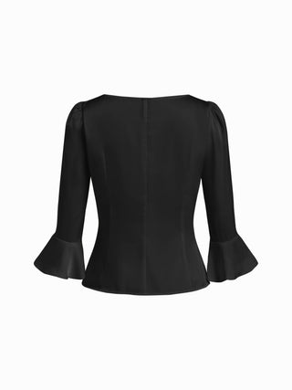 Satin Scoop Neck Ruffle Sleeve Drawstring Blouse