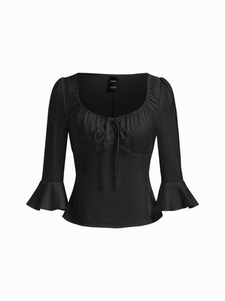 Satin Scoop Neck Ruffle Sleeve Drawstring Blouse