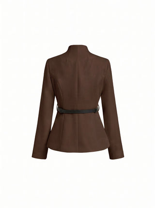 Textured Stand Collar Long Sleeve Blazer With Belt