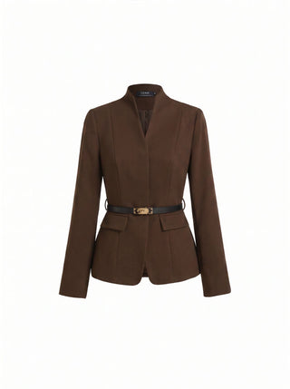 Textured Stand Collar Long Sleeve Blazer With Belt