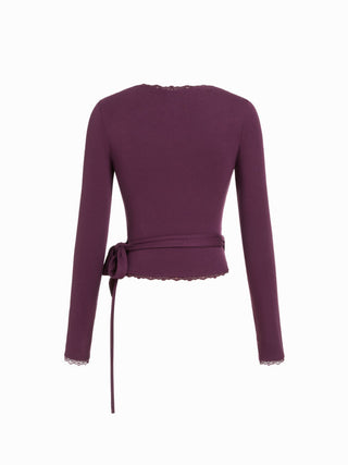 High Stretch V-neck Lace Trim Knotted Top