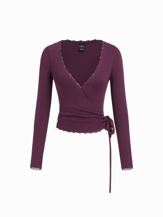 High Stretch V-neck Lace Trim Knotted Top