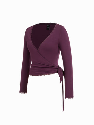 High Stretch V-neck Lace Trim Knotted Top