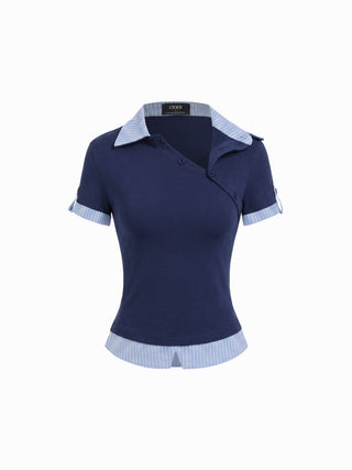Cotton Striped Asymmetrical Polo Neck Short Sleeve Top