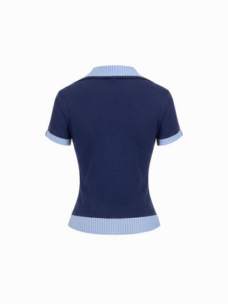 Cotton Striped Asymmetrical Polo Neck Short Sleeve Top