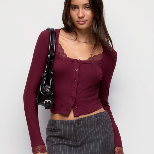 Ribbed Scoop Neck Lace Trim Long Sleeve Top