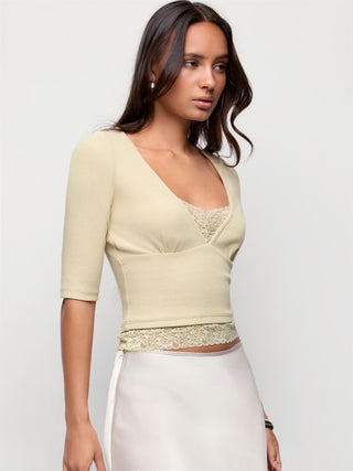 Cotton-blend V-neck Middle Sleeve Lace Trim Ruched Tee