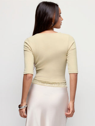 Cotton-blend V-neck Middle Sleeve Lace Trim Ruched Tee