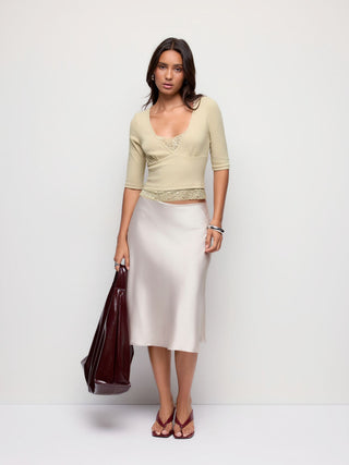 Cotton-blend V-neck Middle Sleeve Lace Trim Ruched Tee