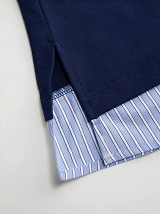 Cotton Striped Asymmetrical Polo Neck Short Sleeve Top