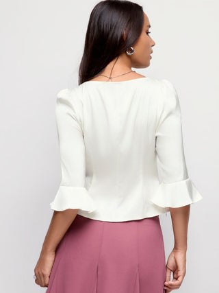 Satin Scoop Neck Ruffle Sleeve Drawstring Blouse