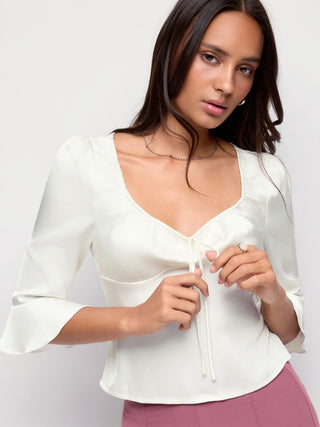 Satin Scoop Neck Ruffle Sleeve Drawstring Blouse