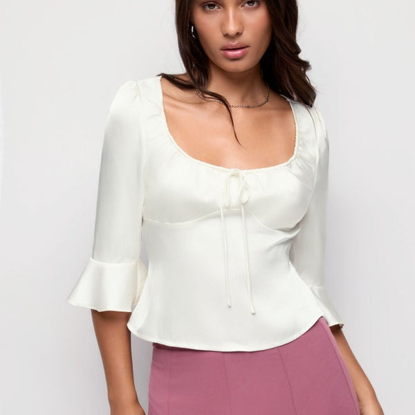 Satin Scoop Neck Ruffle Sleeve Drawstring Blouse
