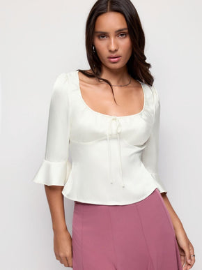 Satin Scoop Neck Ruffle Sleeve Drawstring Blouse