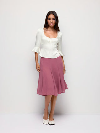 Satin Scoop Neck Ruffle Sleeve Drawstring Blouse