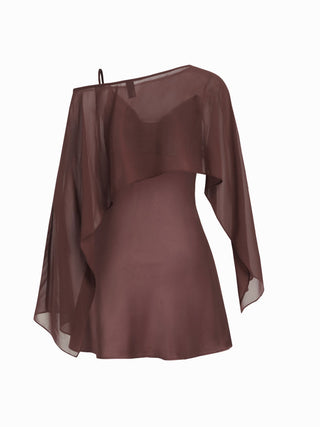 Sheer Boat Neck Cape Top & Satin High Rise Mini Dress Set