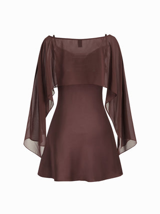 Sheer Boat Neck Cape Top & Satin High Rise Mini Dress Set