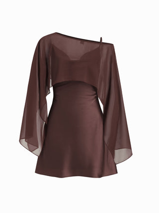 Sheer Boat Neck Cape Top & Satin High Rise Mini Dress Set