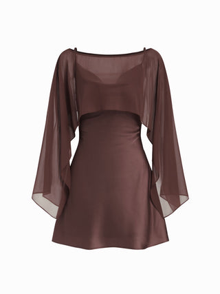 Sheer Boat Neck Cape Top & Satin High Rise Mini Dress Set