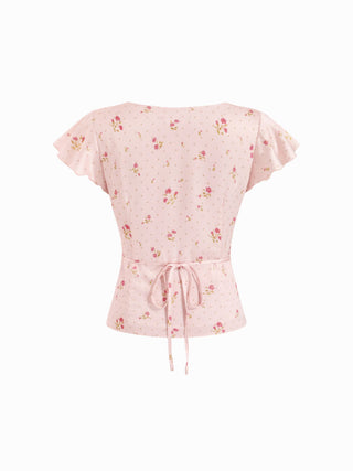 Satin Floral V-neck Ruffle Sleeve Lace Trim Blouse