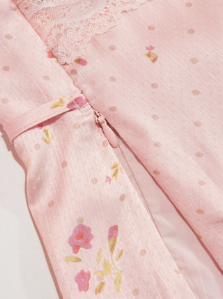 Satin Floral V-neck Ruffle Sleeve Lace Trim Blouse