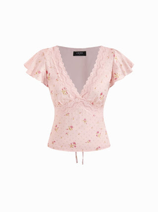 Satin Floral V-neck Ruffle Sleeve Lace Trim Blouse