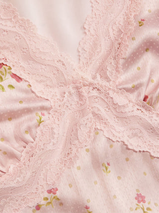 Satin Floral V-neck Ruffle Sleeve Lace Trim Blouse