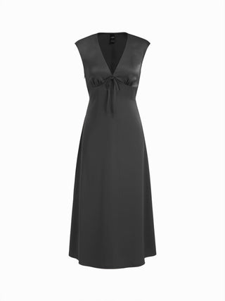Satin V-neck Twist Knotted A-line Maxi Dress