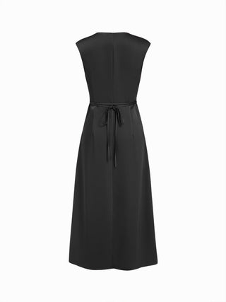 Satin V-neck Twist Knotted A-line Maxi Dress