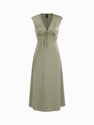 Satin V-neck Twist Knotted A-line Maxi Dress
