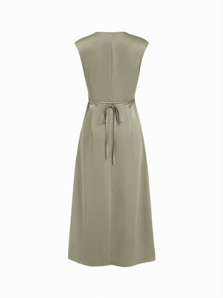 Satin V-neck Twist Knotted A-line Maxi Dress