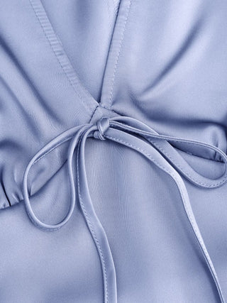 Satin V-neck Twist Knotted A-line Maxi Dress