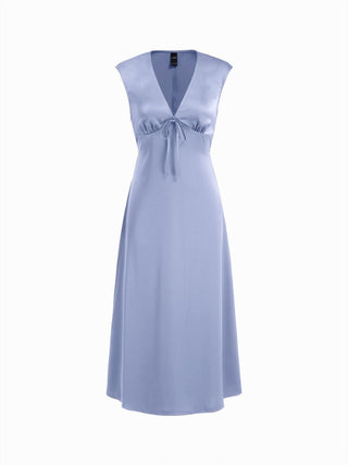 Satin V-neck Twist Knotted A-line Maxi Dress