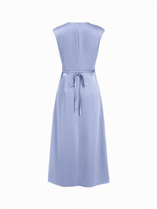 Satin V-neck Twist Knotted A-line Maxi Dress