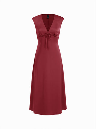 Satin V-neck Twist Knotted A-line Maxi Dress