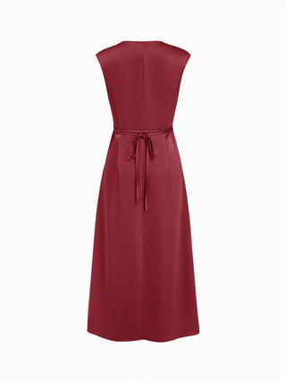 Satin V-neck Twist Knotted A-line Maxi Dress