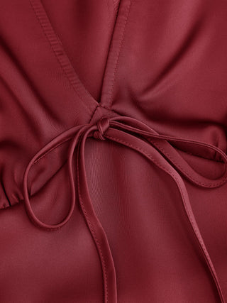Satin V-neck Twist Knotted A-line Maxi Dress