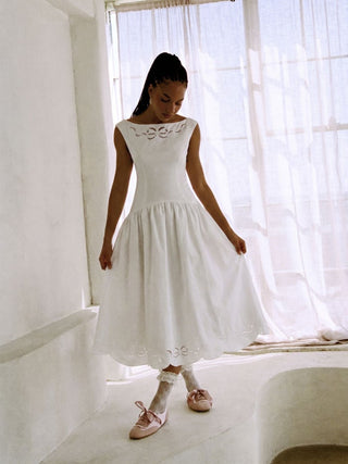 Cotton-blend Boat Neck Broderie Anglaise Lace Up Flared Maxi Dress