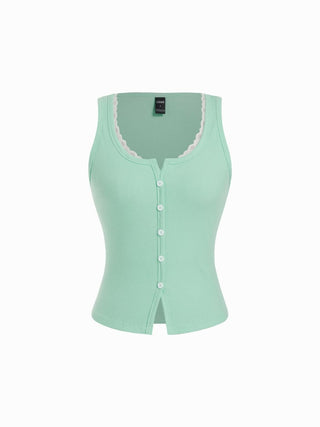 Cotton-blend Scoop Neck Lace Trim Tank Top