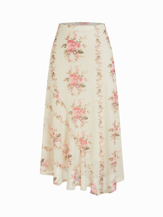 Mesh Mid Rise Abstract Graphic Floral Asymmetrical Hem Maxi Skirt