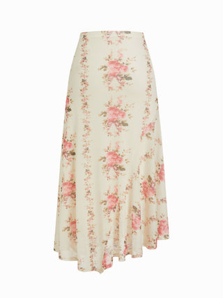 Mesh Mid Rise Abstract Graphic Floral Asymmetrical Hem Maxi Skirt