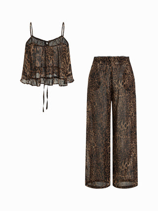 Leopard Tie Front Ruffle Cami Top & Mid Rise Wide Leg Trousers Loungewear Set