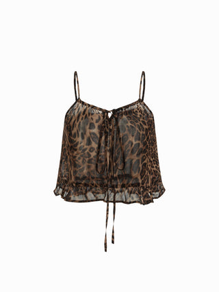 Leopard Tie Front Ruffle Cami Top & Mid Rise Wide Leg Trousers Loungewear Set