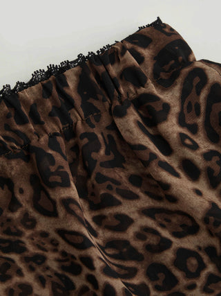 Leopard Tie Front Ruffle Cami Top & Mid Rise Wide Leg Trousers Loungewear Set