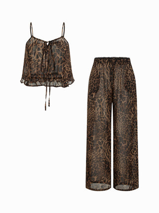 Leopard Tie Front Ruffle Cami Top & Mid Rise Wide Leg Trousers Loungewear Set